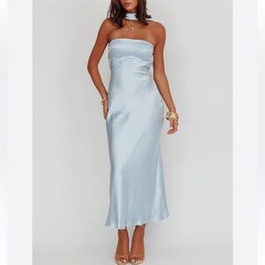 Here comes the sun Cinderella satin Ice blue maxi reverse halter gown XL New